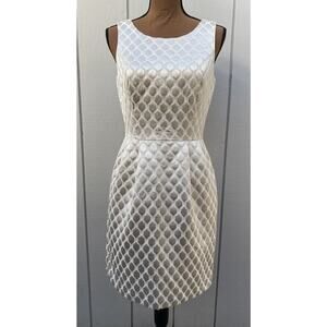 White House Black Market Dress Silver & Beige Geometric Polka Dot Pleated Size 4